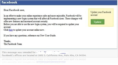 Facebook scam in email to update