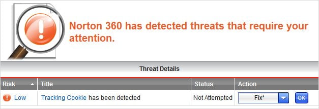 Norton 360 Detecting threat - cookie