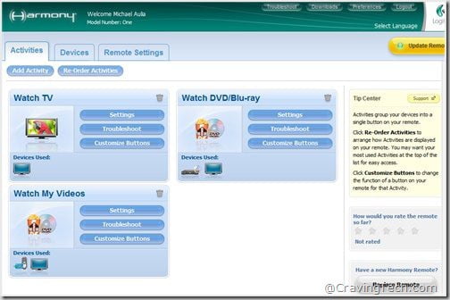 Logitech Harmony software  - main screen