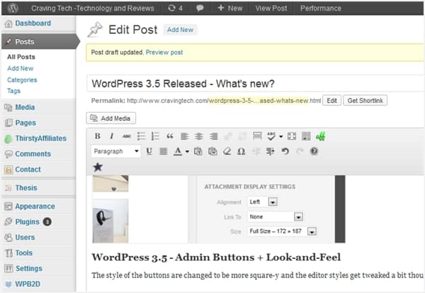 WordPress 3.5 dashboard