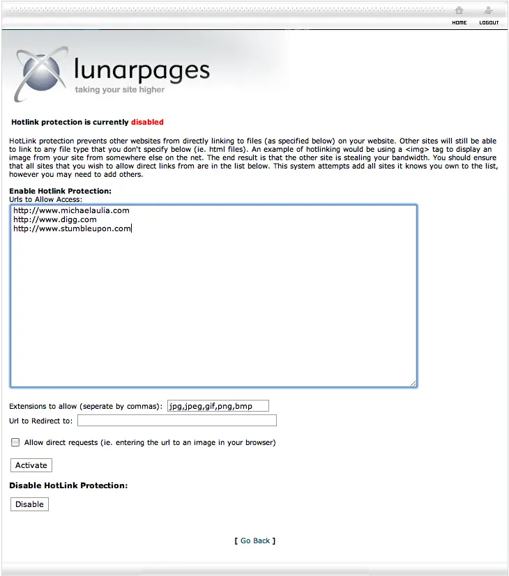 Cpanel Hotlink Protection screen