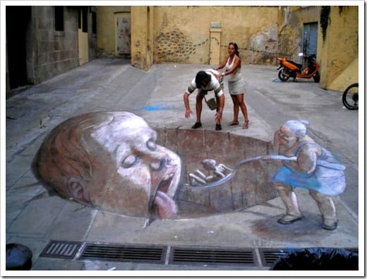 3D Chalk Drawings by Julian Beever - spoon fed