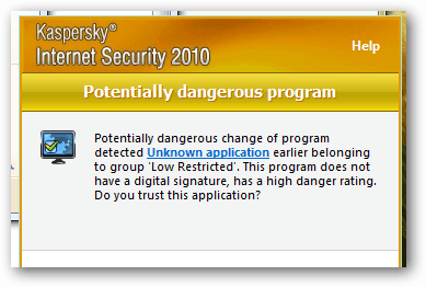 Kaspersky unknown application warning