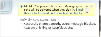 MSN Phishing message blocked