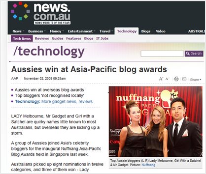 Nuffnang Blog Awards 2009 cover story made it on News.com.au