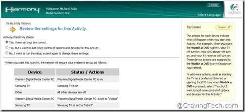 Logitech Harmony software - settings