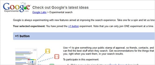Google Experimental show google plus 1 button