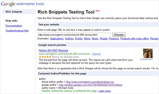 Google rich snippet testing tool