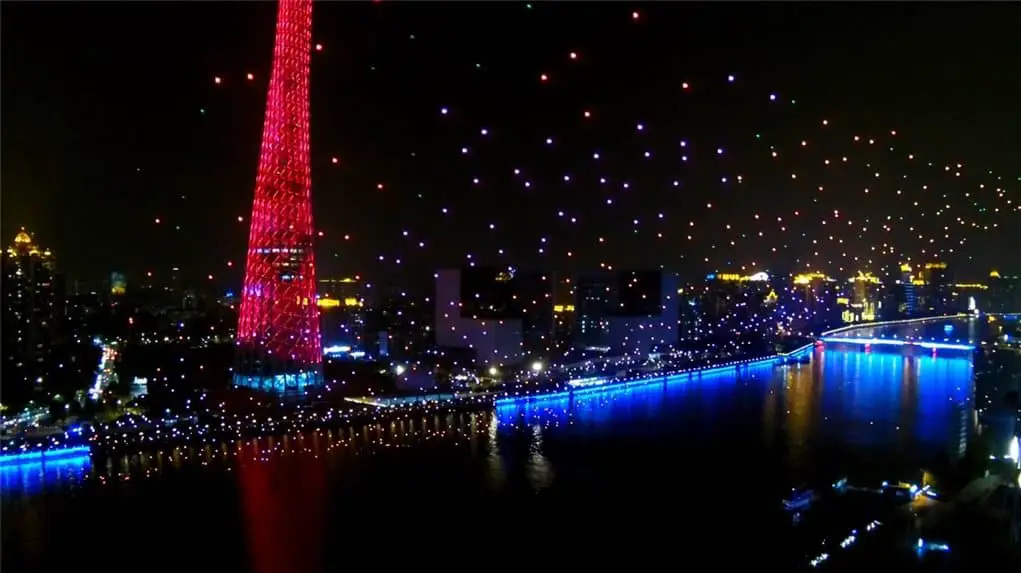 EHang 1000 drone world record - Meteor Sky formation with Canton Tower and Pearl River