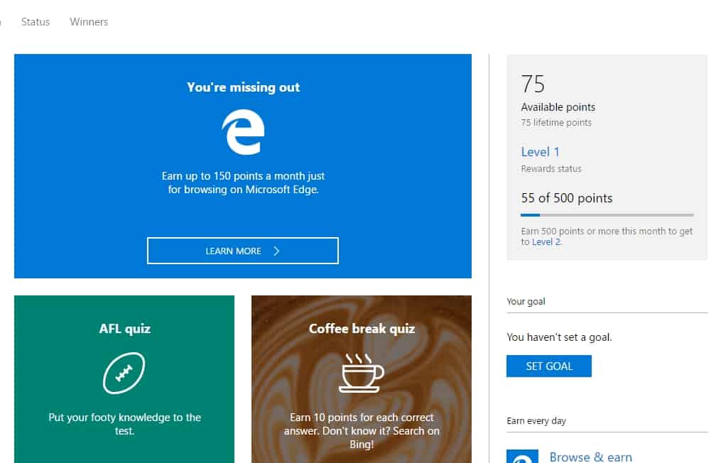 Microsoft Rewards dashboard
