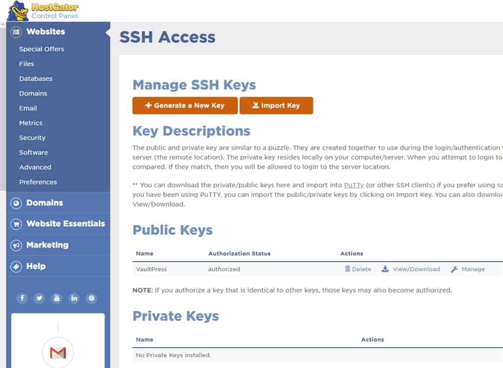 SSH access vaultpress import public key