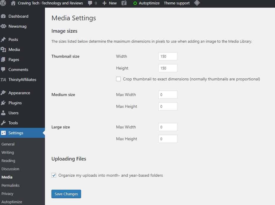 WordPress Thumbnail Settings