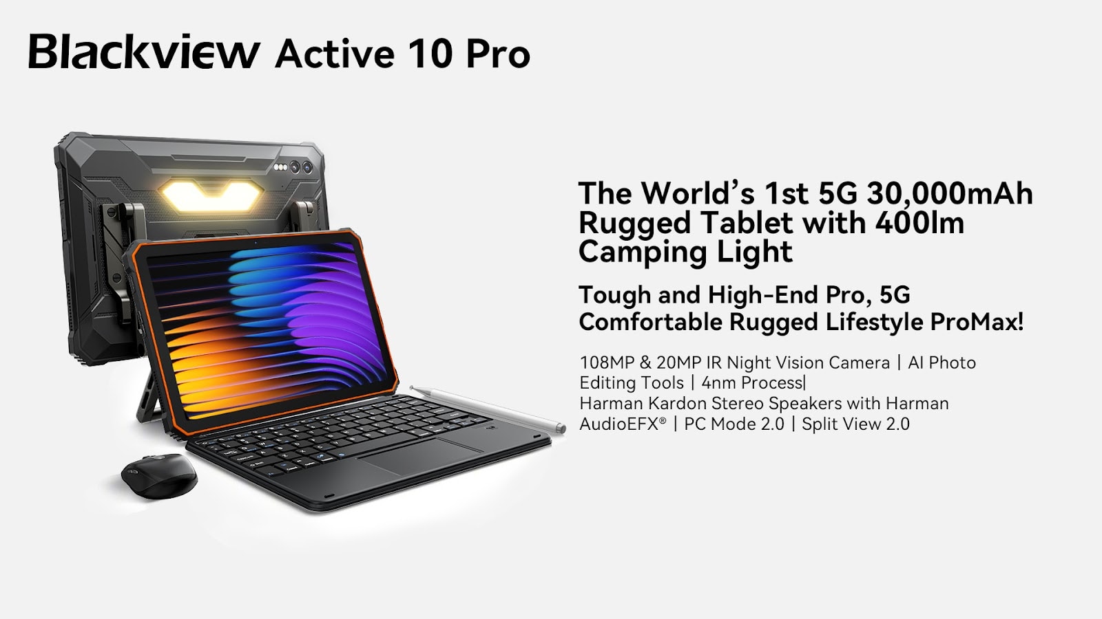 The World’s First 5G 30,000mAh Rugged Tablet with 400lm Camping Light– Blackview Active 10 Pro Launches with 108MP Ultra-Clear Camera, 20MP Infrared Night Vision, Harman Kardon Stereo Sound, Upgraded for Your Rugged Lifestyle!